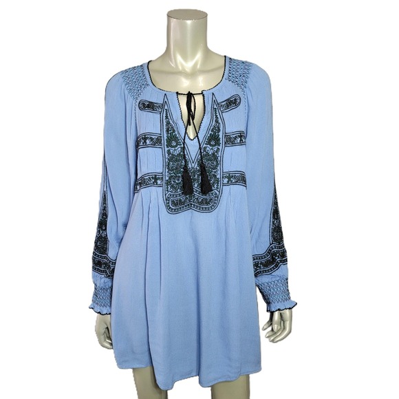 Free People Dresses & Skirts - Free People Boho Blue Embroidered Tassel Peasant Tunic Dress OB770136